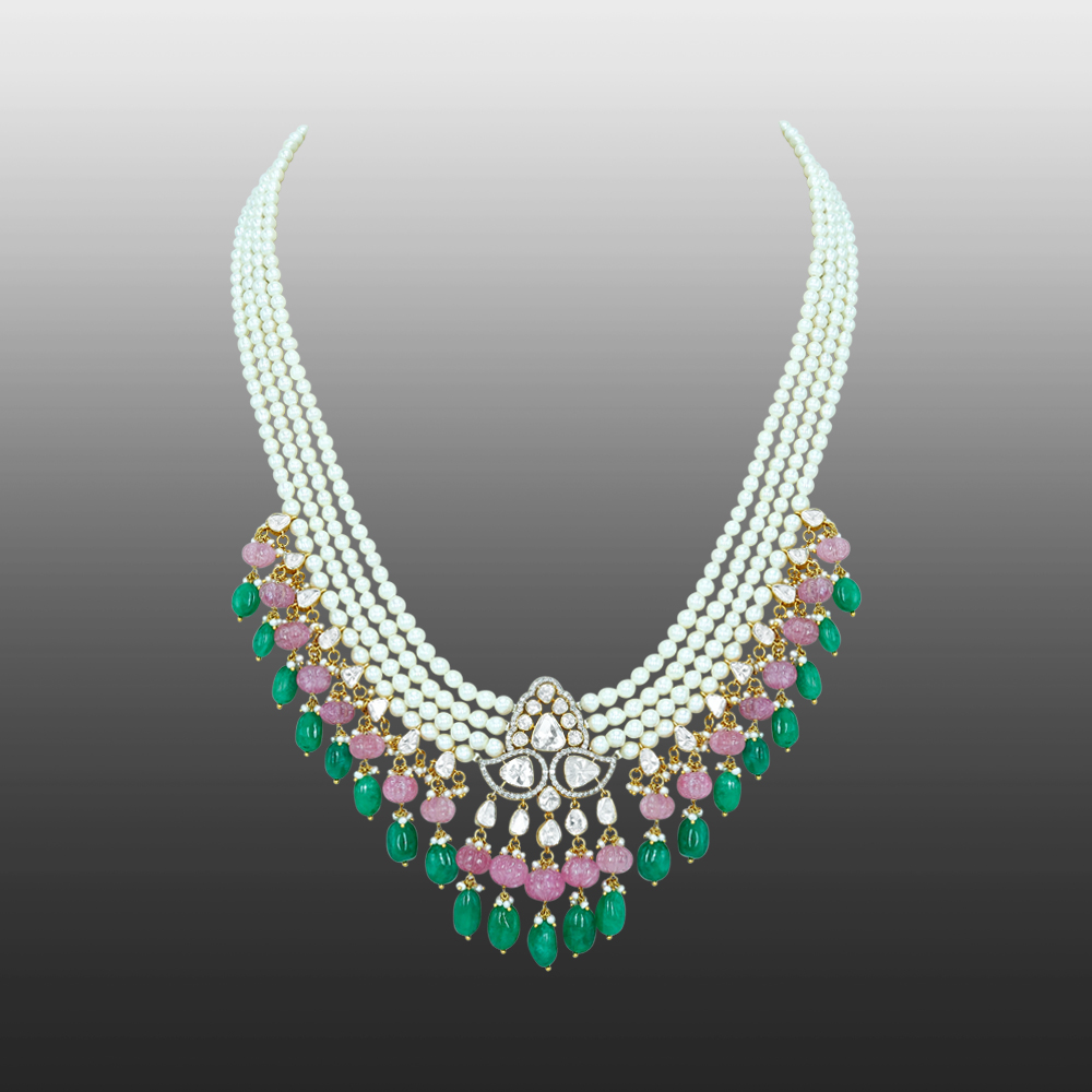 Layered Pearl Necklace with Polki, Emerald, and Rose Quartz Beads